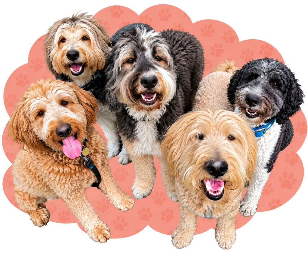 Five Happy Dogs Against Coral Paw Prints
